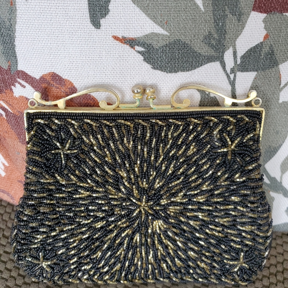Vintage JEM black & gold beaded clutch